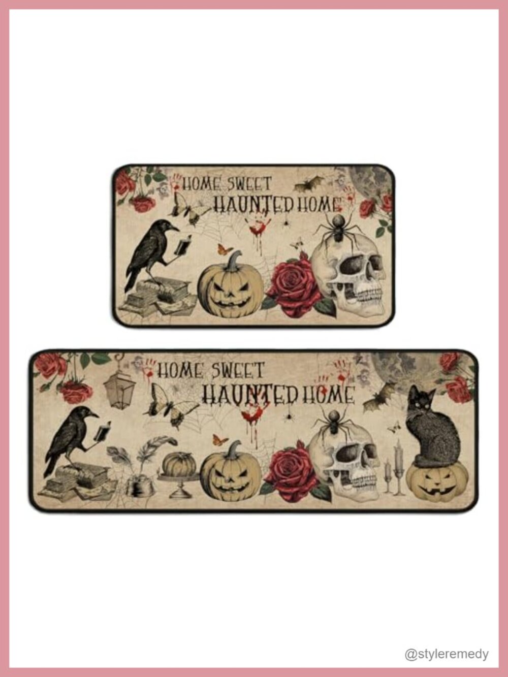 Halloween Kitchen Mats Set of 2 Non-Slip Washable Skull Cat Gothic Decor
